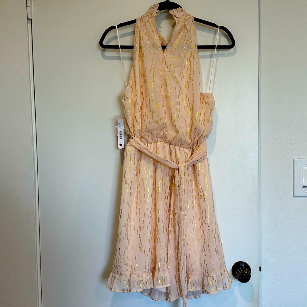 AQUA peachy pink & gold women’s chiffon sleeveless sundress in size L
